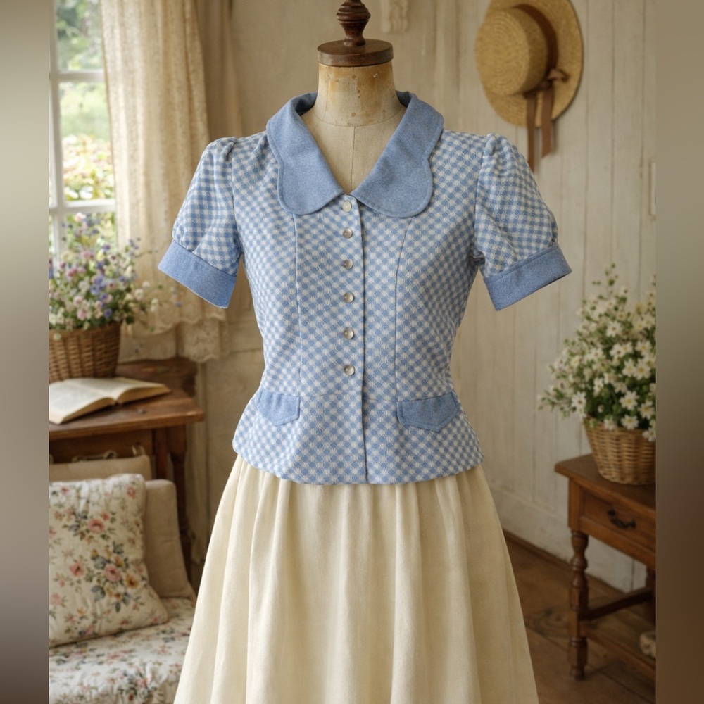 Vintage 1970s Zazie London Blue Peplum Checkered Gingham Blouse